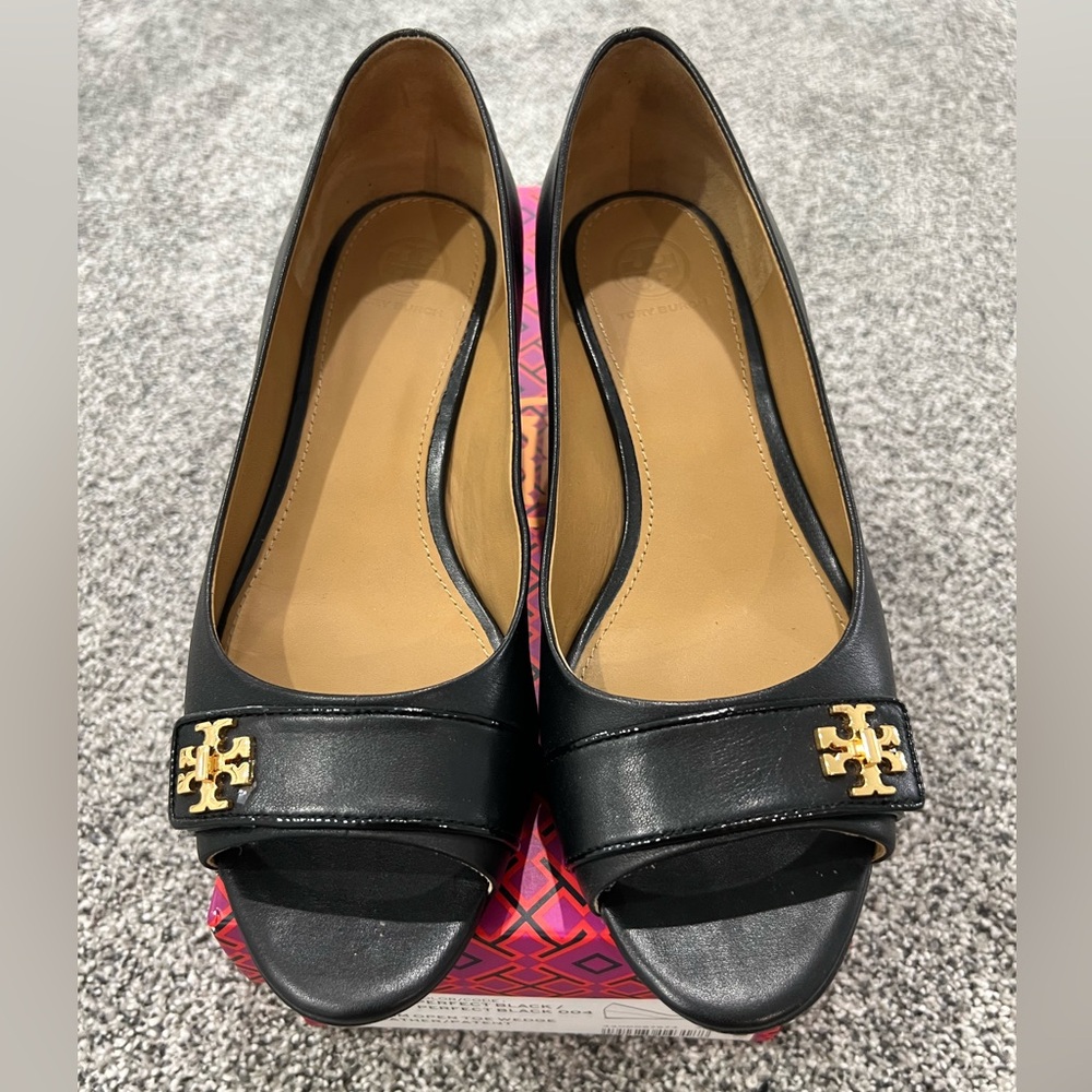 Tory Burch Black Peep-Toe wedges with Gold Logo